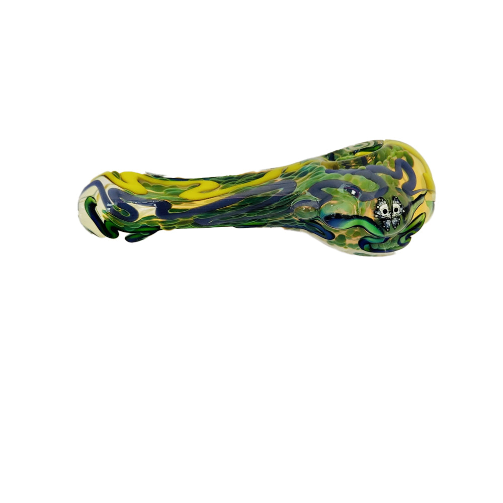 Matty White Glass Spoon Worked Dry Pipe With Milli Yellow Green Blue Butterfly | The Treasure Chest Naples Fort Myers