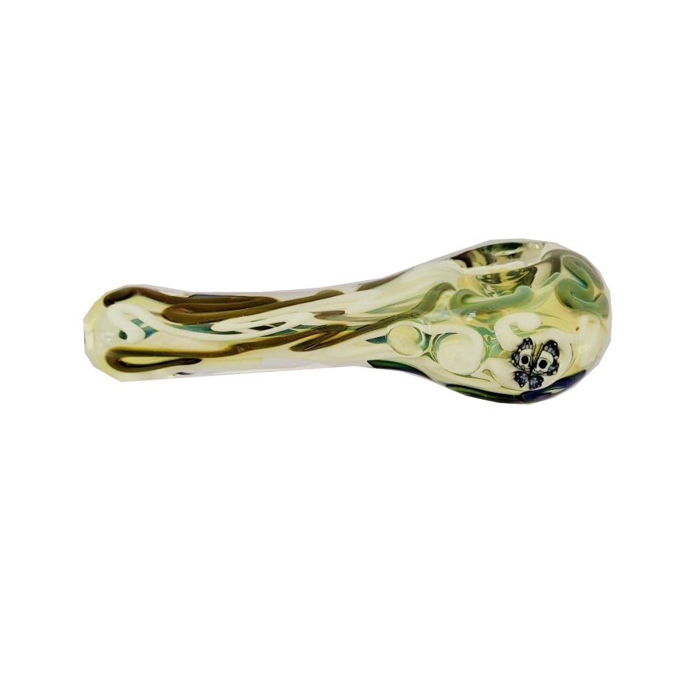 Matty White Glass Spoon Worked Dry Pipe with Mulli Yellow Green Butterfly Skull | The Treasure Chest Naples Fort Myers