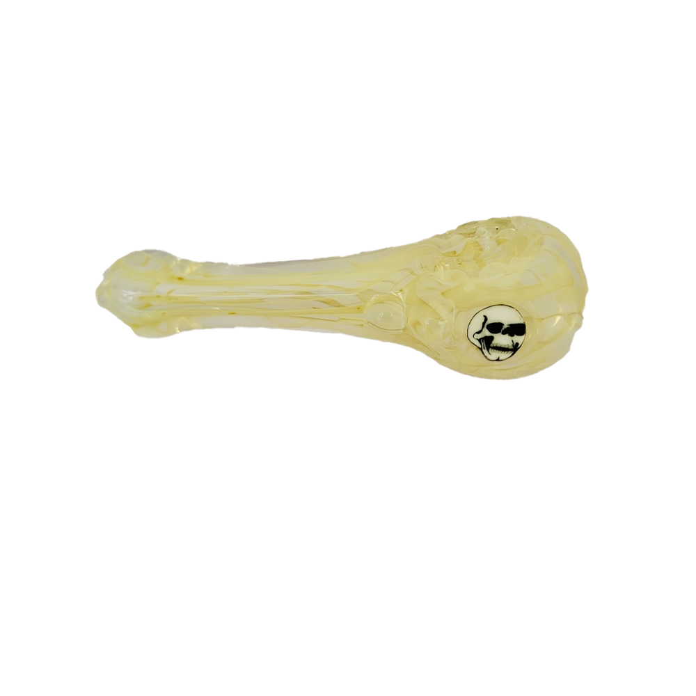 Matty White Glass Spoon Worked Dry Pipe With Milli Yellow With Skull