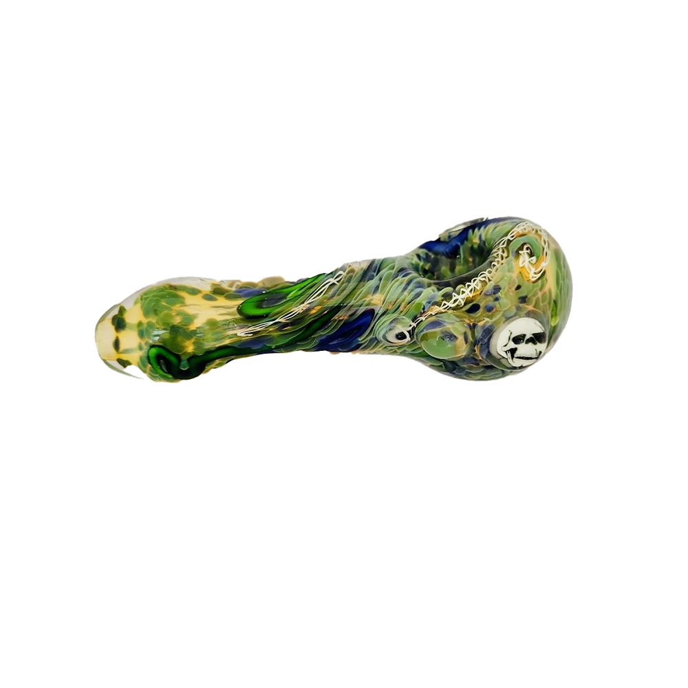 Matty White Glass Worked Dry Pipe With Milli Green Blue